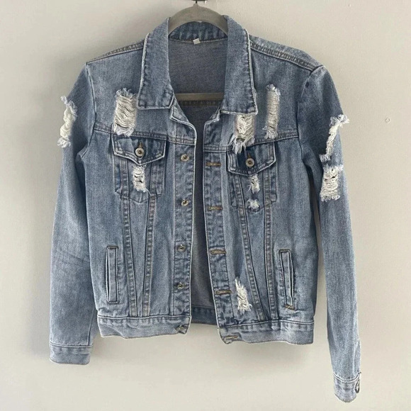 Womens Distressed Denim Jacket - Light Blue Size XS - Picture 2 of 9